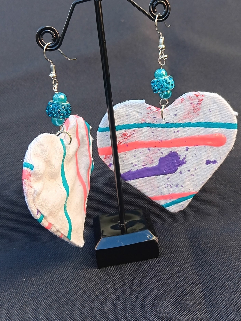 Handmade White Heart Earrings with Teal Beads